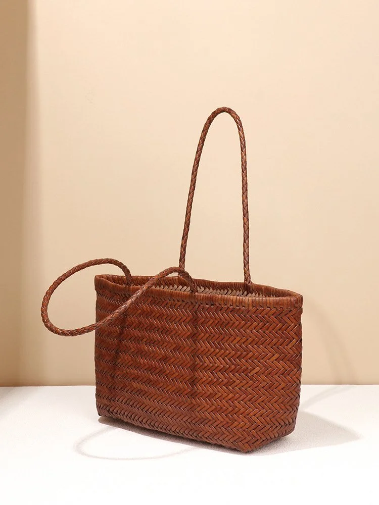 Hand-Woven Cowhide Leather Tote Bag with Rattan Basket