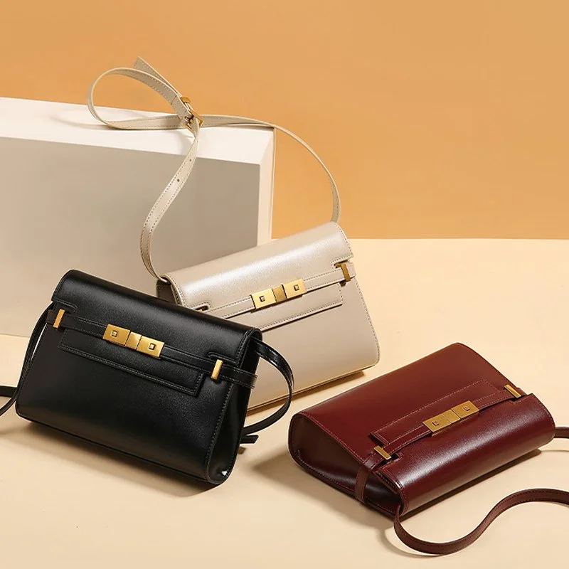 Luxury Retro Genuine Leather Women’s Baguette Shoulder Bag with Hasp Closure