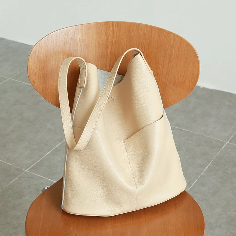 Soft Genuine Leather Women's Oak Shoulder Bucket Tote Bag