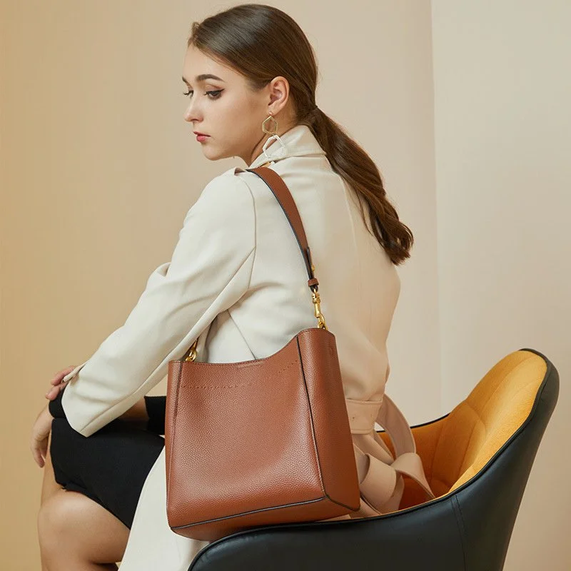 Convertible Top-Grain Leather Bucket Bag - Stylish Tote & Crossbody