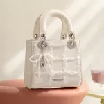 Mini Diamond Lattice Print Shoulder Bag with Bow Charm - Cute Small Square Bag for Women