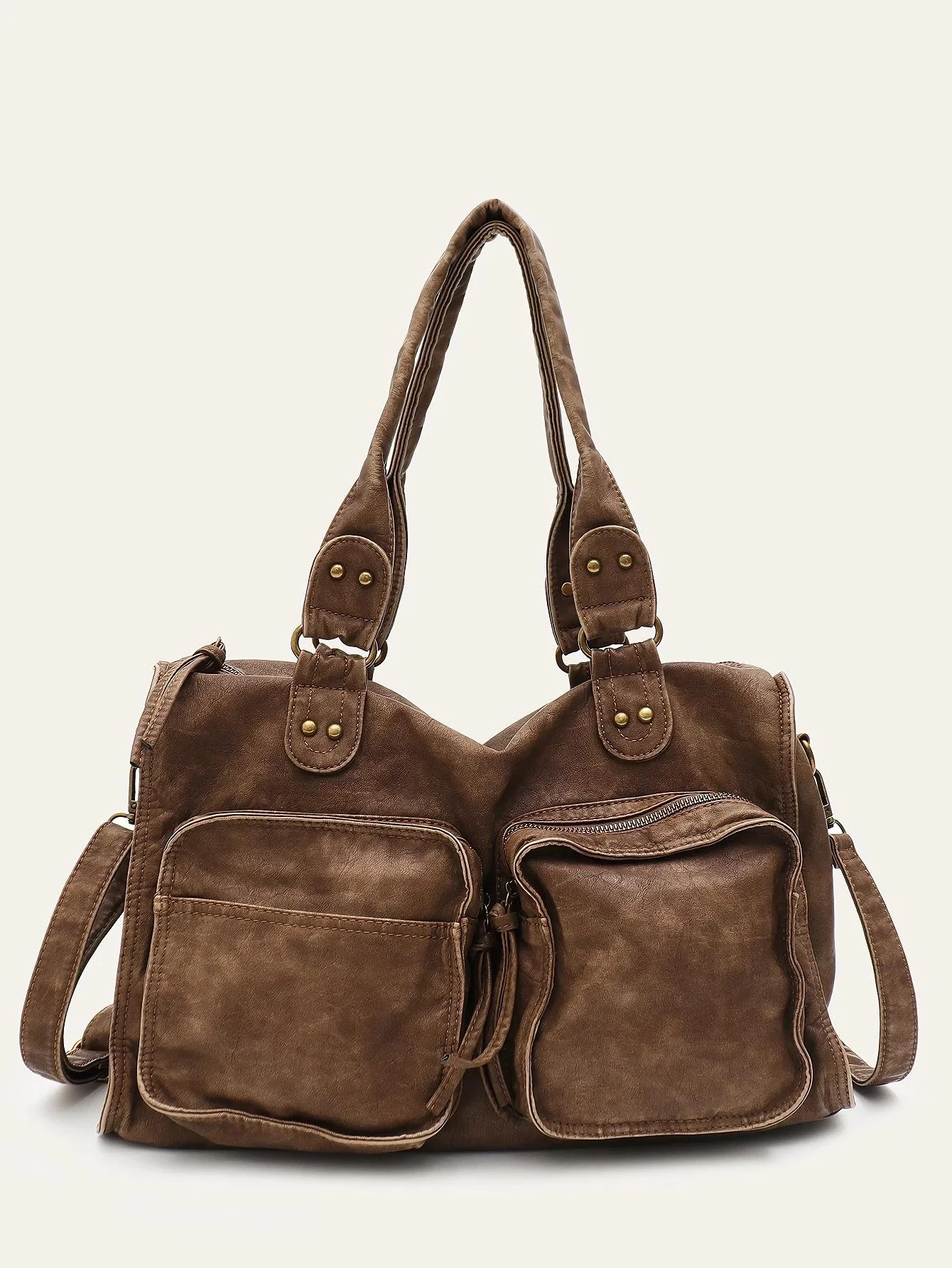 Retro PU Leather Tote Crossbody Shoulder Bag with Multi Pockets