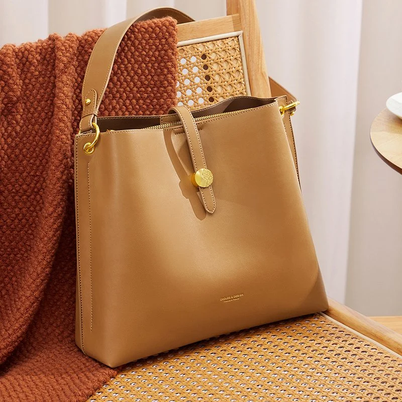 Women's Leather Bucket Shoulder Bag with Crossbody Strap