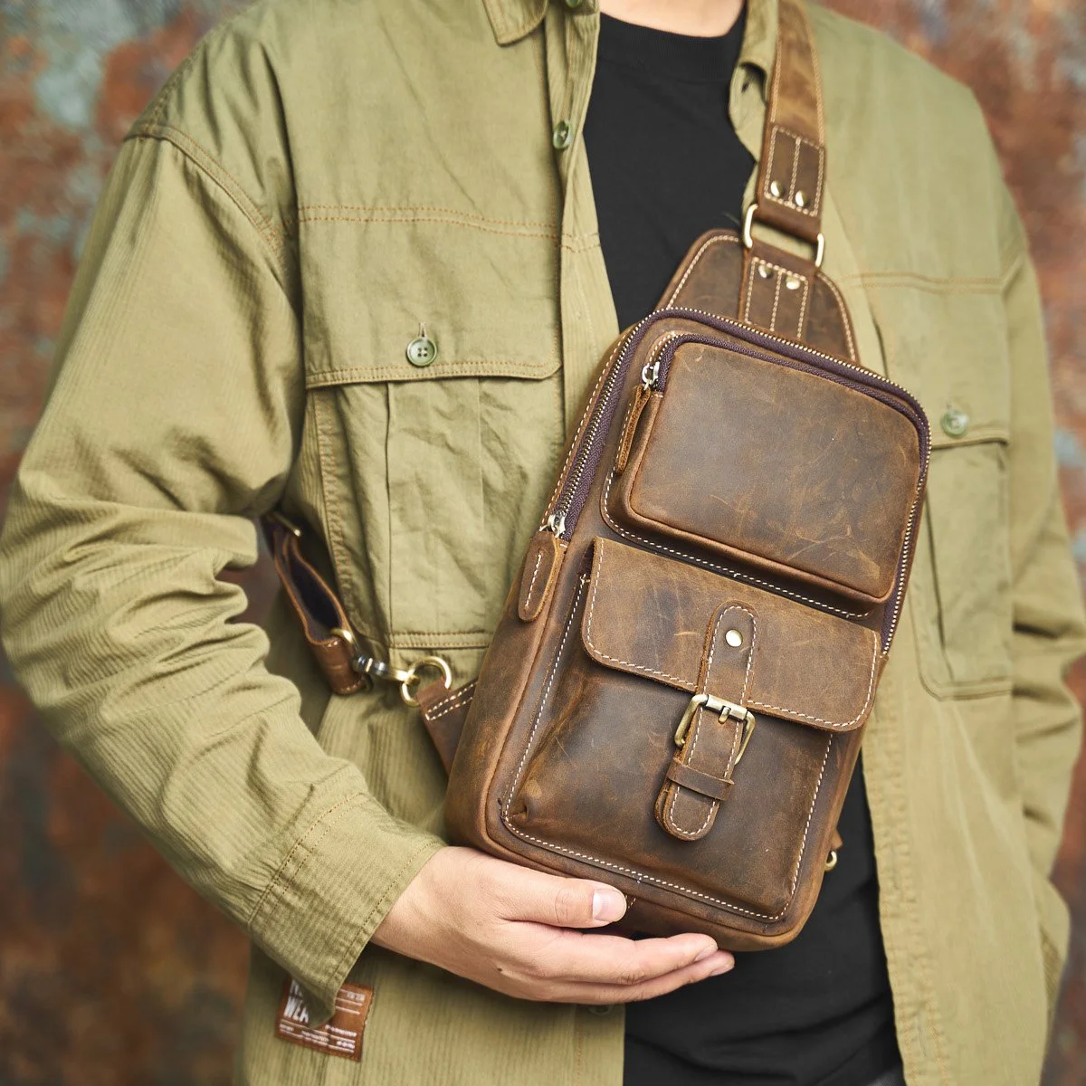 Vintage Genuine Leather Men's Sling Bag Crossbody Chest Bag