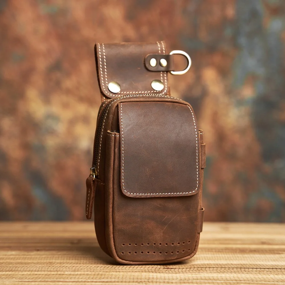 Genuine Leather Men's Waist Bag with Key Hook & Phone Pocket