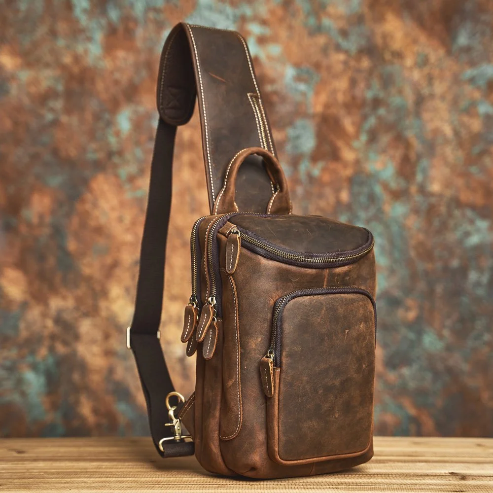 Genuine Leather Men's Chest Bag Retro Crossbody Shoulder Bag with Multi Compartments