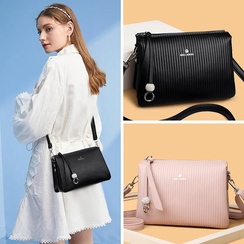 Elegant Pinstripe Shoulder Bag – Multipocket Crossbody Handbag