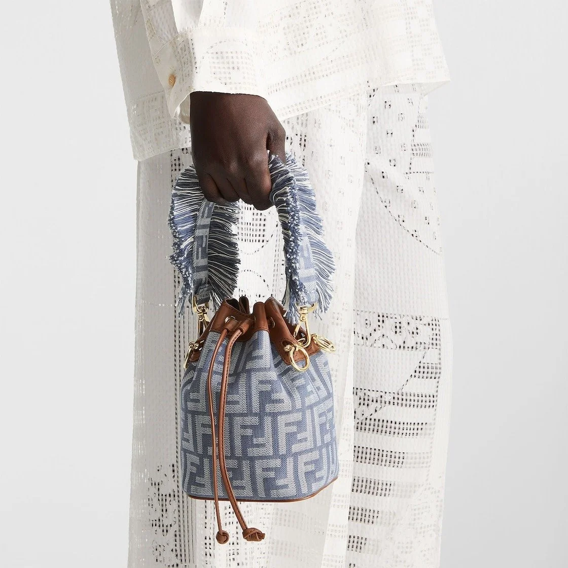 Fendi Mon Tresor Blue Denim Effect FF Jacquard Mini Bucket Bag