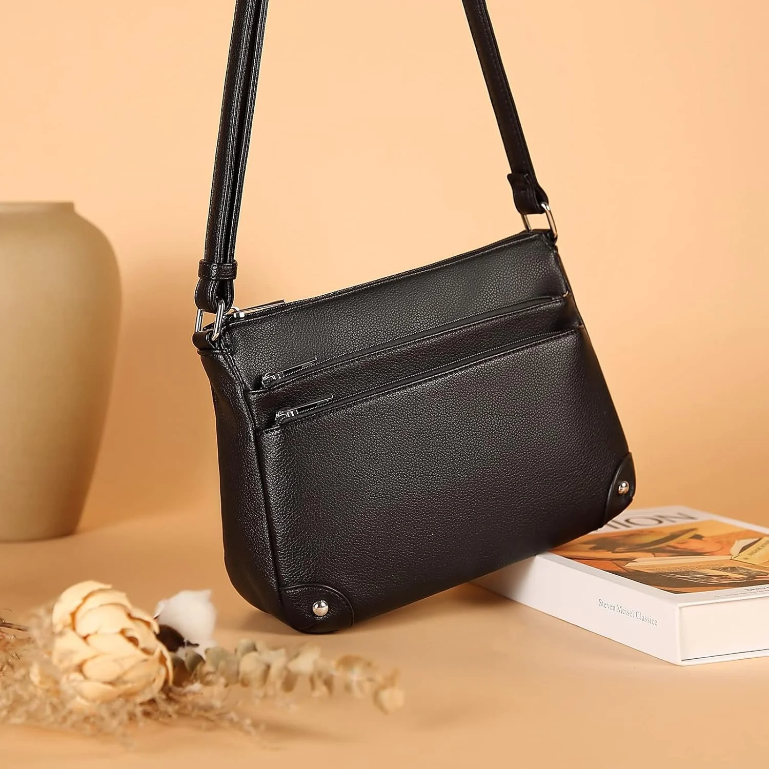 Chic Solid Color Vegan Leather Crossbody Bag – Vintage Double Zipper Handbag