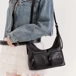 Women's Black Shoulder Messenger Bag with Cute Dog Charm & Multi-Pockets