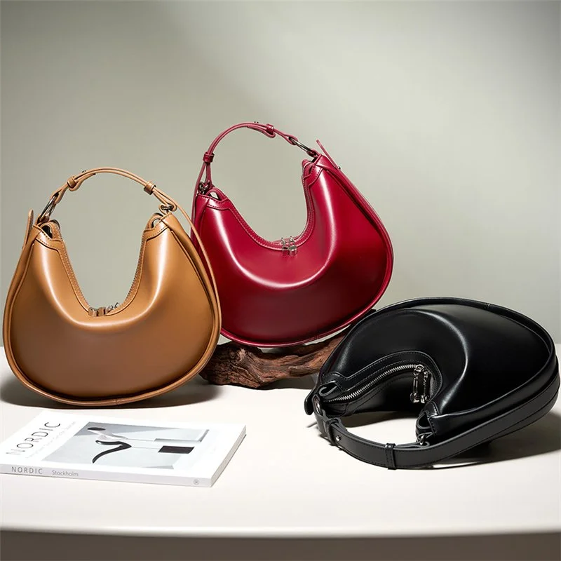 Luxury Leather Crescent Tote Bag – Chic Underarm Shoulder Hobo Handbag