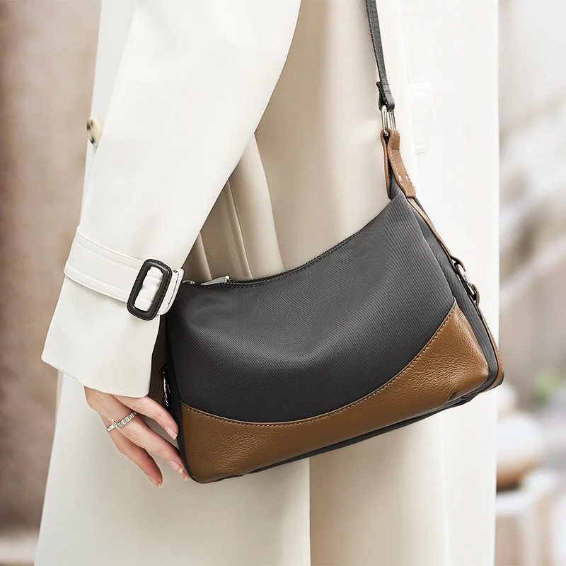 Oxford Cloth & Cow Leather Shoulder Crossbody Bag - Handmade Purses