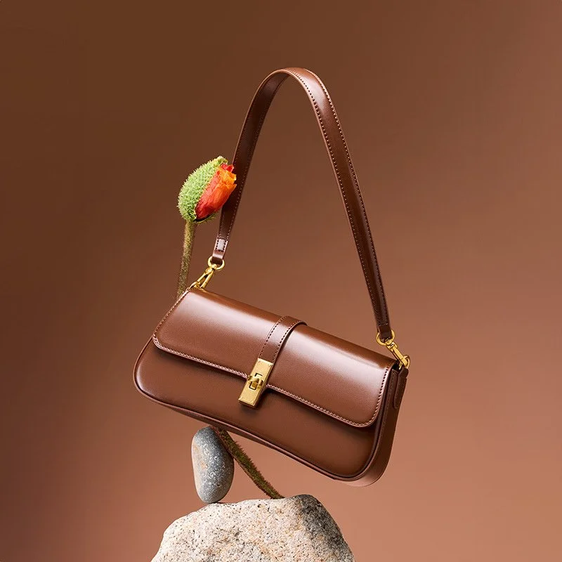Luxury Genuine Leather Baguette Shoulder & Crossbody Bag for Women