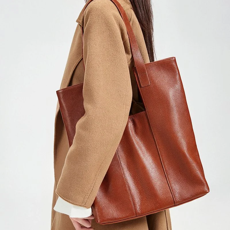 Luxury Cowhide Leather Shoulder Tote Bag – Large Capacity Handbag