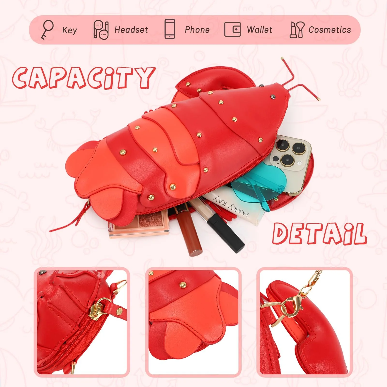 Cute Lobster PU Leather Mini Crossbody Bag with Chain