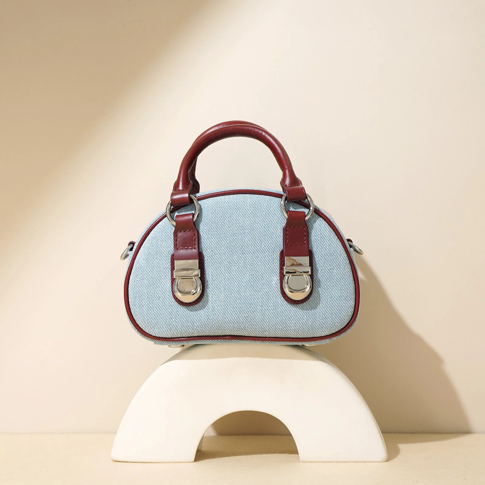 Spring Denim Mini Crossbody Handbag with Leather Trim