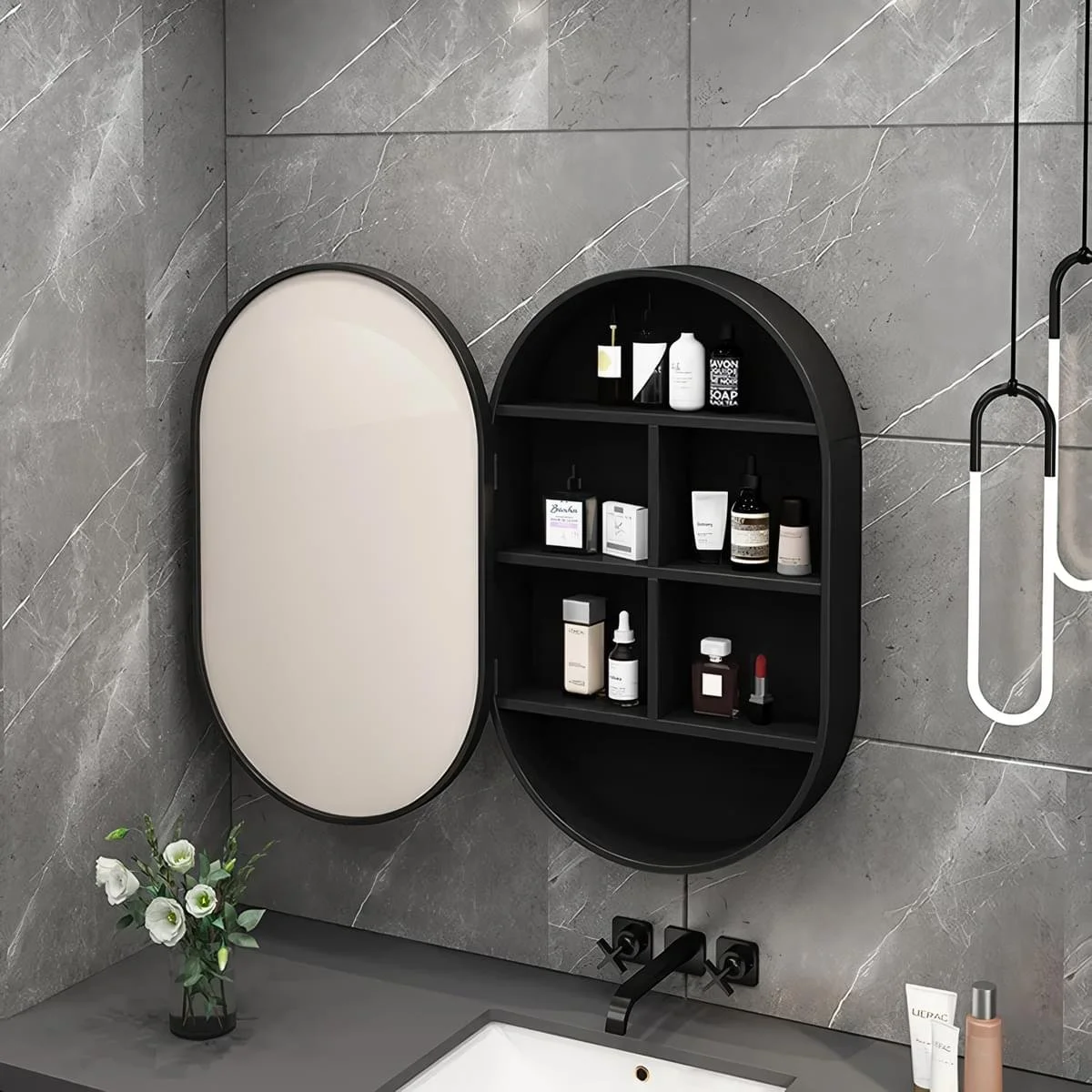 Modern Oval LED Illuminated Wooden Mirror Cabinet - Smart Bathroom Storage Solution