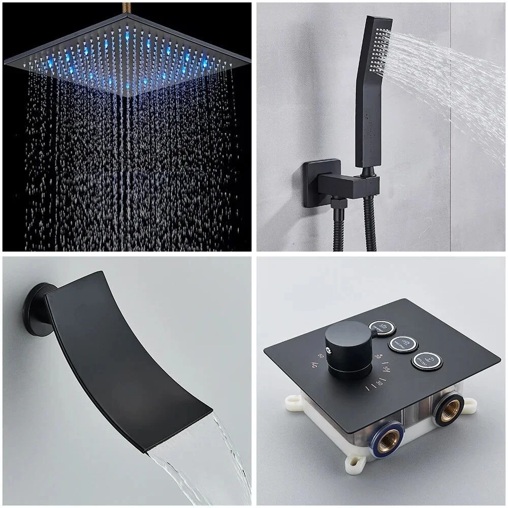 Luxury Black LED Thermostatic Shower Faucet Large Rain Waterfall Shower System