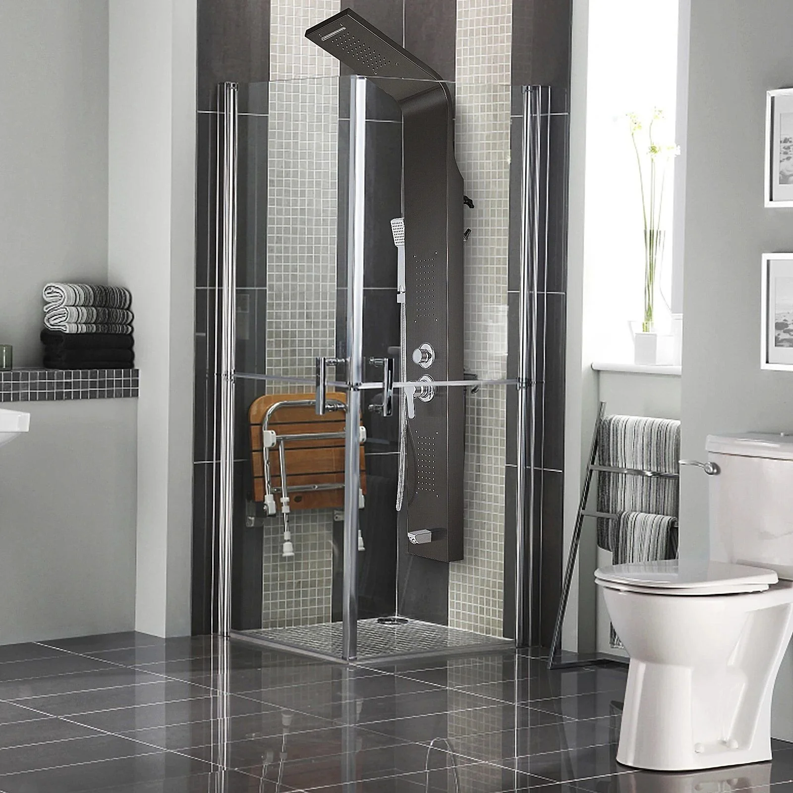 5-in-1 Luxury Shower Panel System - Wall Mounted Rainfall & Waterfall Spa with Massage Jets