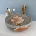 Luxurious Round Ceramic Bathroom Sink with Antique Brass Faucet