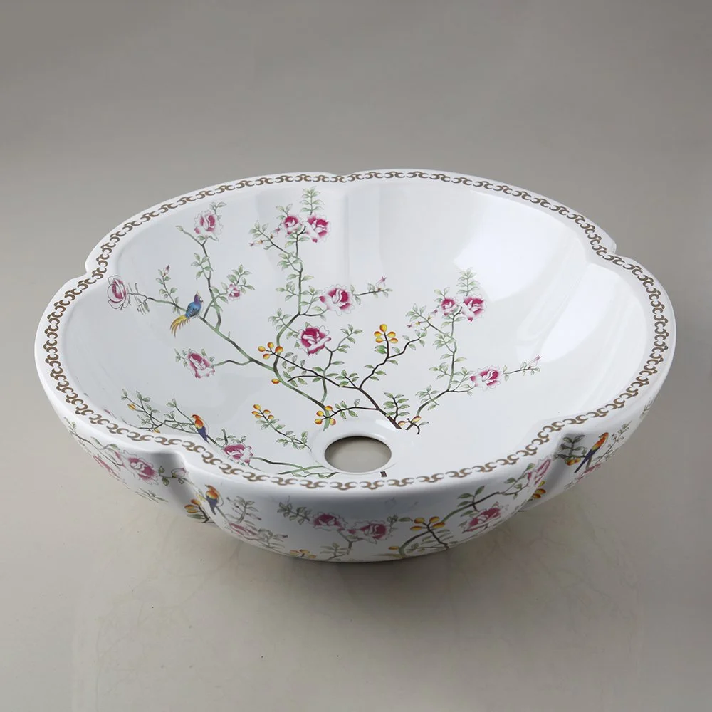 Elegant Petal Shaped Ceramic Vessel Sink with Antique Brass Faucet