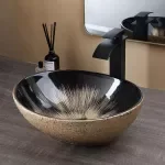 Elegant Oval Ceramic Bathroom Basin with Black Waterfall Faucet & Pop-Up Drain Combo