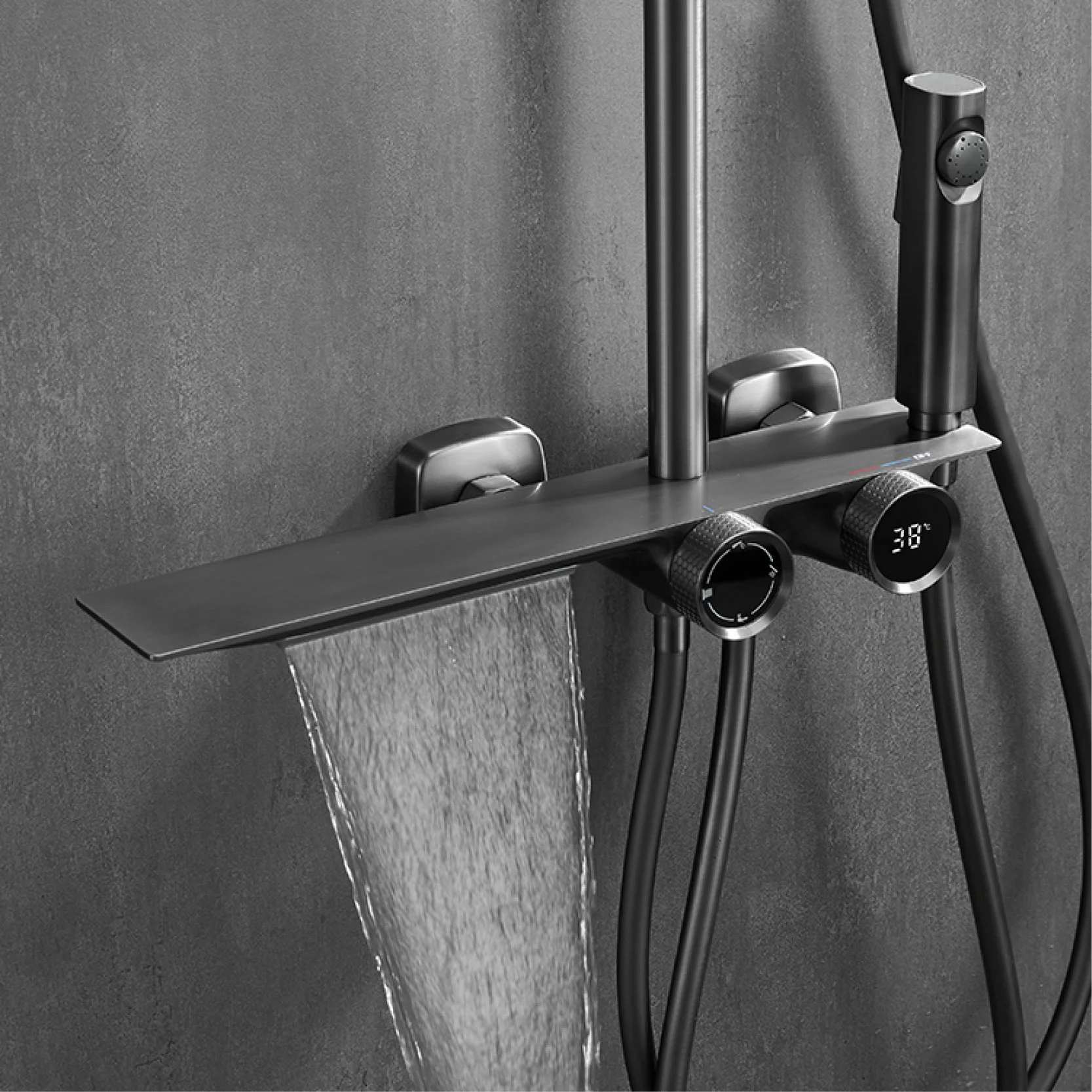 Luxury Gun Gray Digital Waterfall Shower System with Dual Control