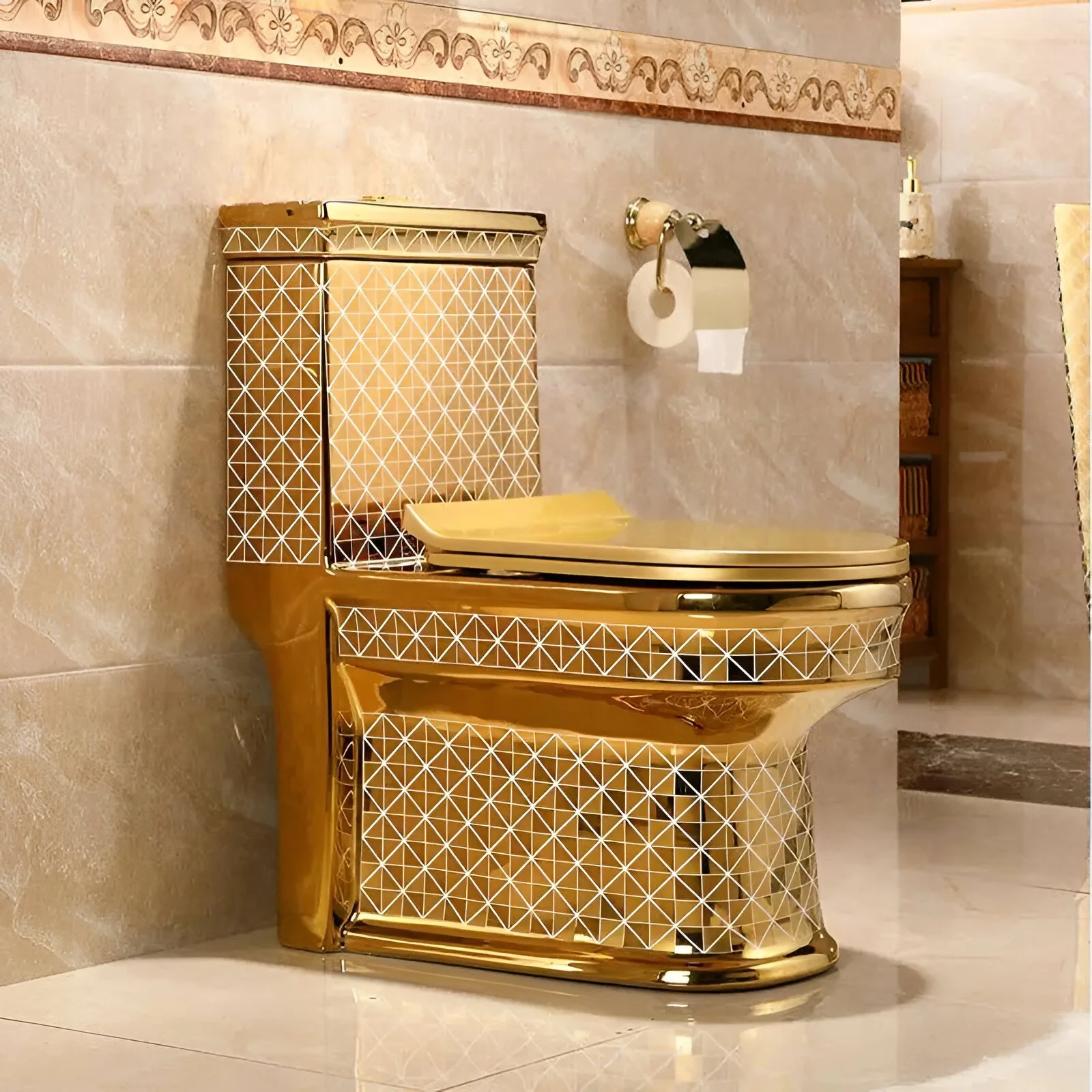 Luxurious Gold Artistic One-Piece Ceramic Toilet with Dual-Flush System