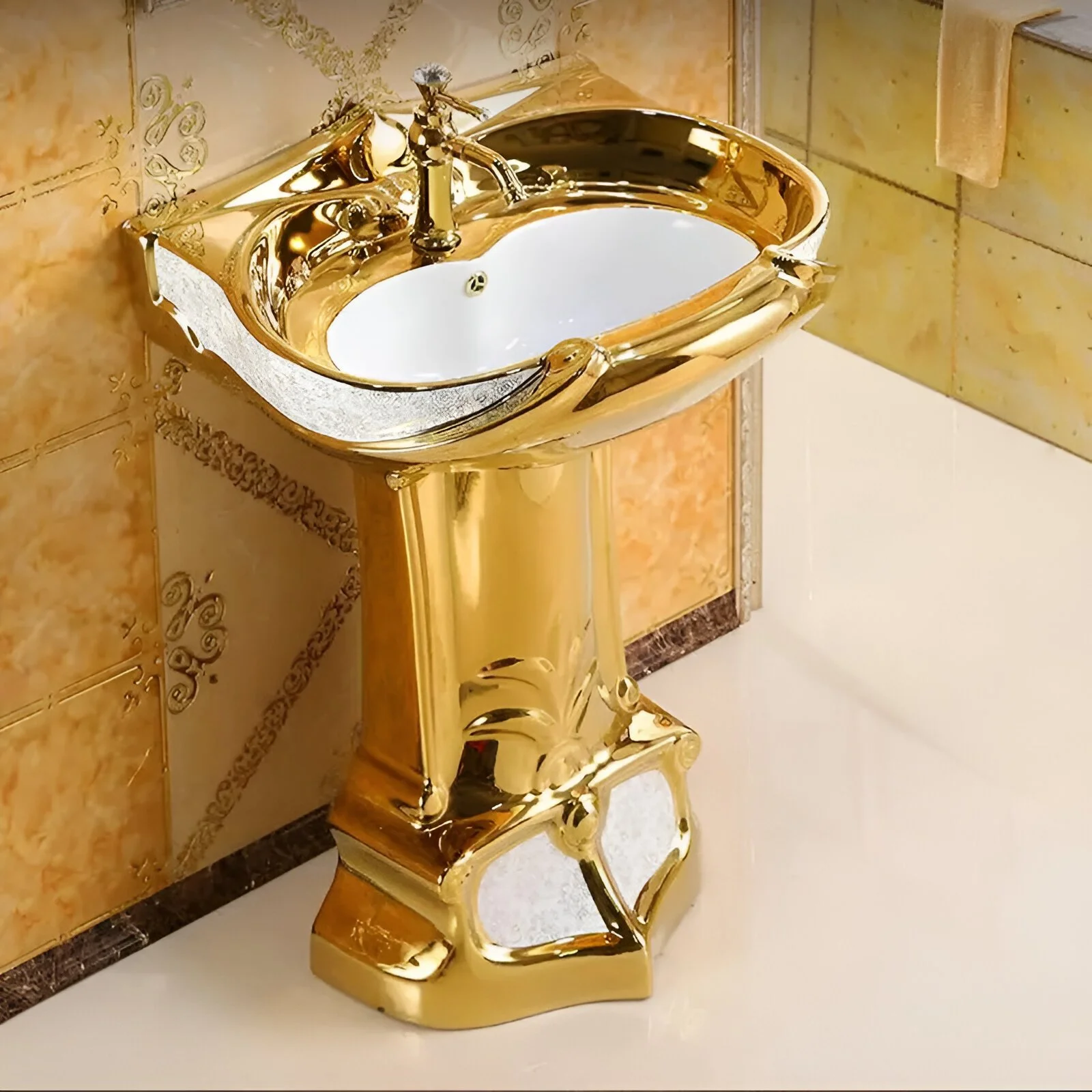 Mosaic Gold Vintage Pedestal Sink with Ceramic Basin and Overflow