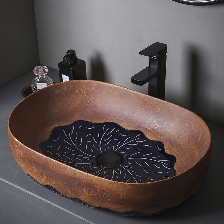 Ceramic Brown Vessel Sink with Leaf Design