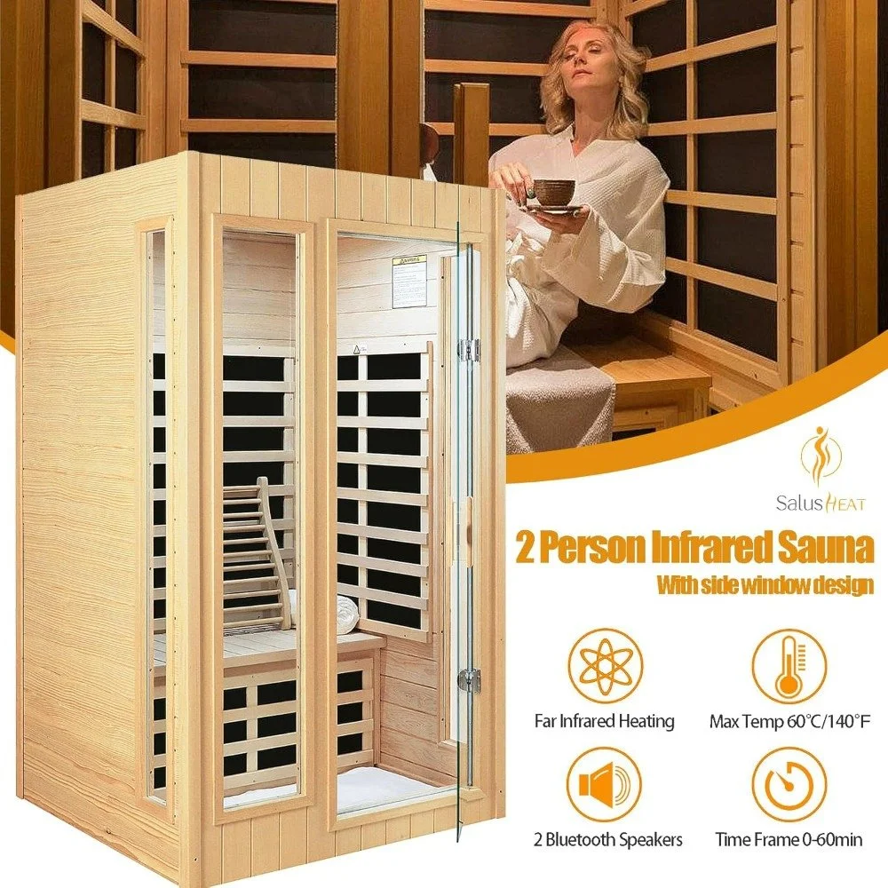 2 Person Infrared Sauna with Bluetooth, Low EMF, Hemlock Wood, 1500W