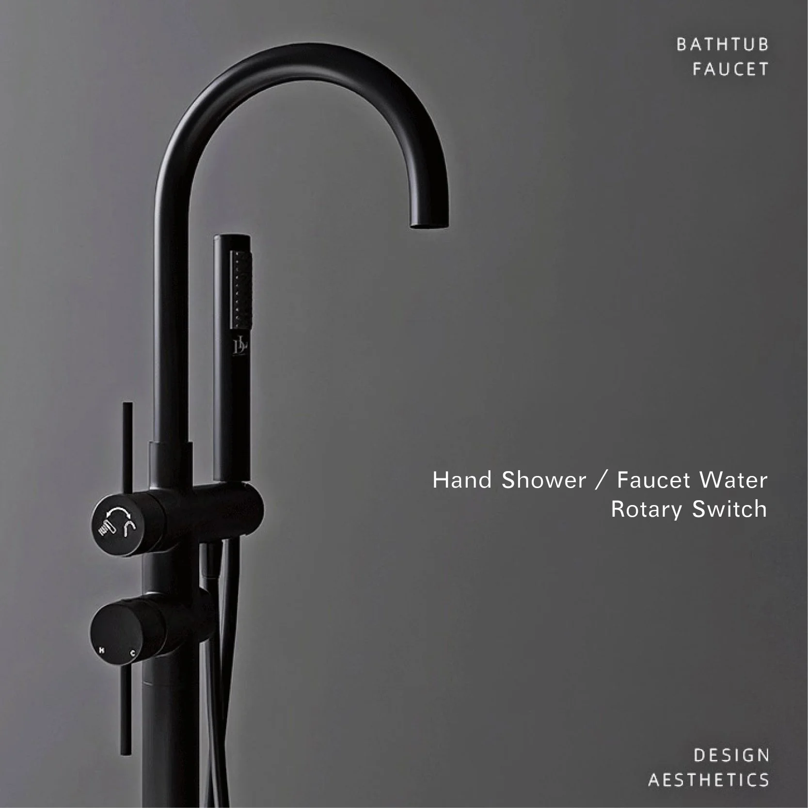 Luxury Black Floor-Standing Brass Bathtub Faucet, Double Handle, Dual Function