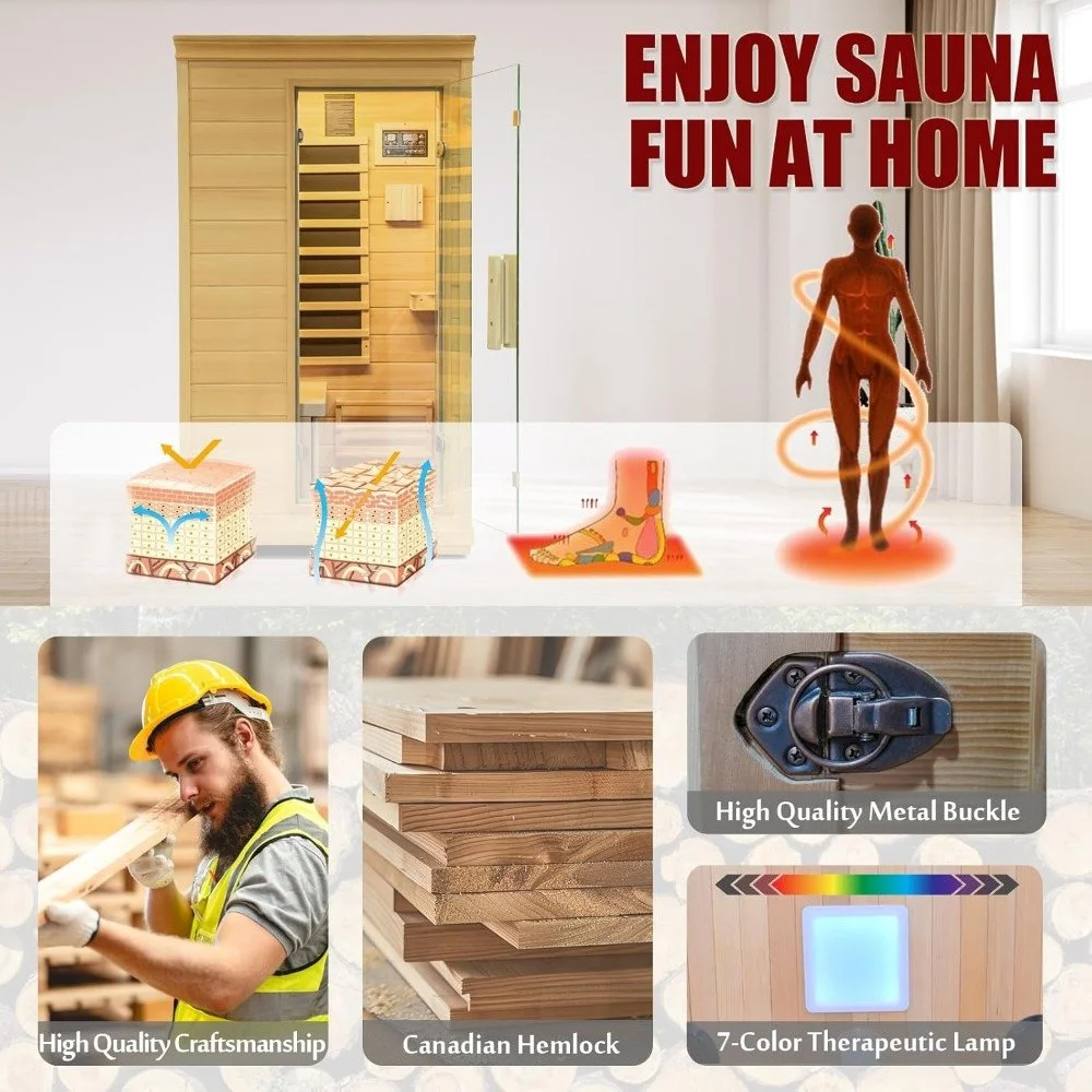 Home Far Infrared 1 Person Sauna Room, Indoor Hemlock Wood Dry Sauna, Digital Controller