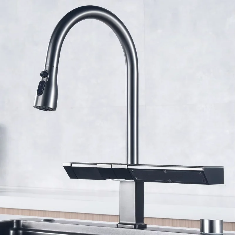 Luxury Chrome Brass Kitchen Faucet with Digital Display and Pull-Out Spray