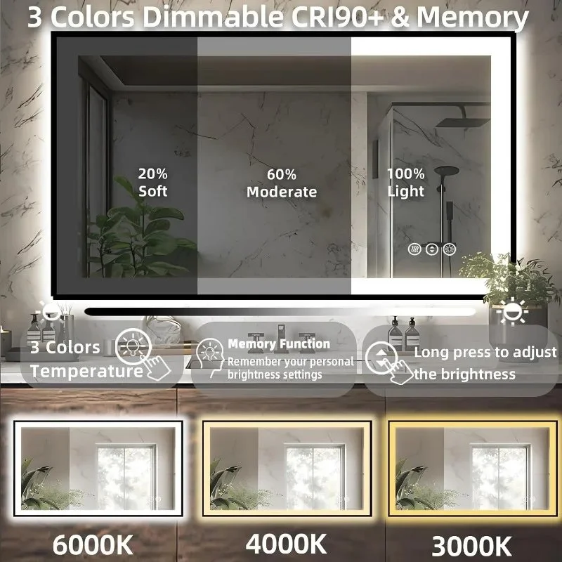 48x32 Light Up Bathroom Mirror, Black Rectangular, Adjustable Colors & Brightness, Anti-Fog