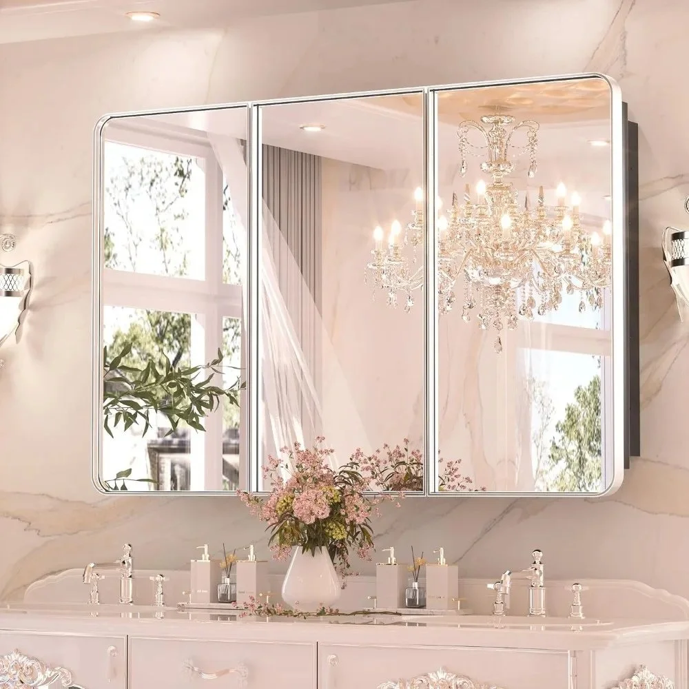 48 x 32 Inch Chrome Bathroom Medicine Cabinet with Adjustable Shelves and Mirror