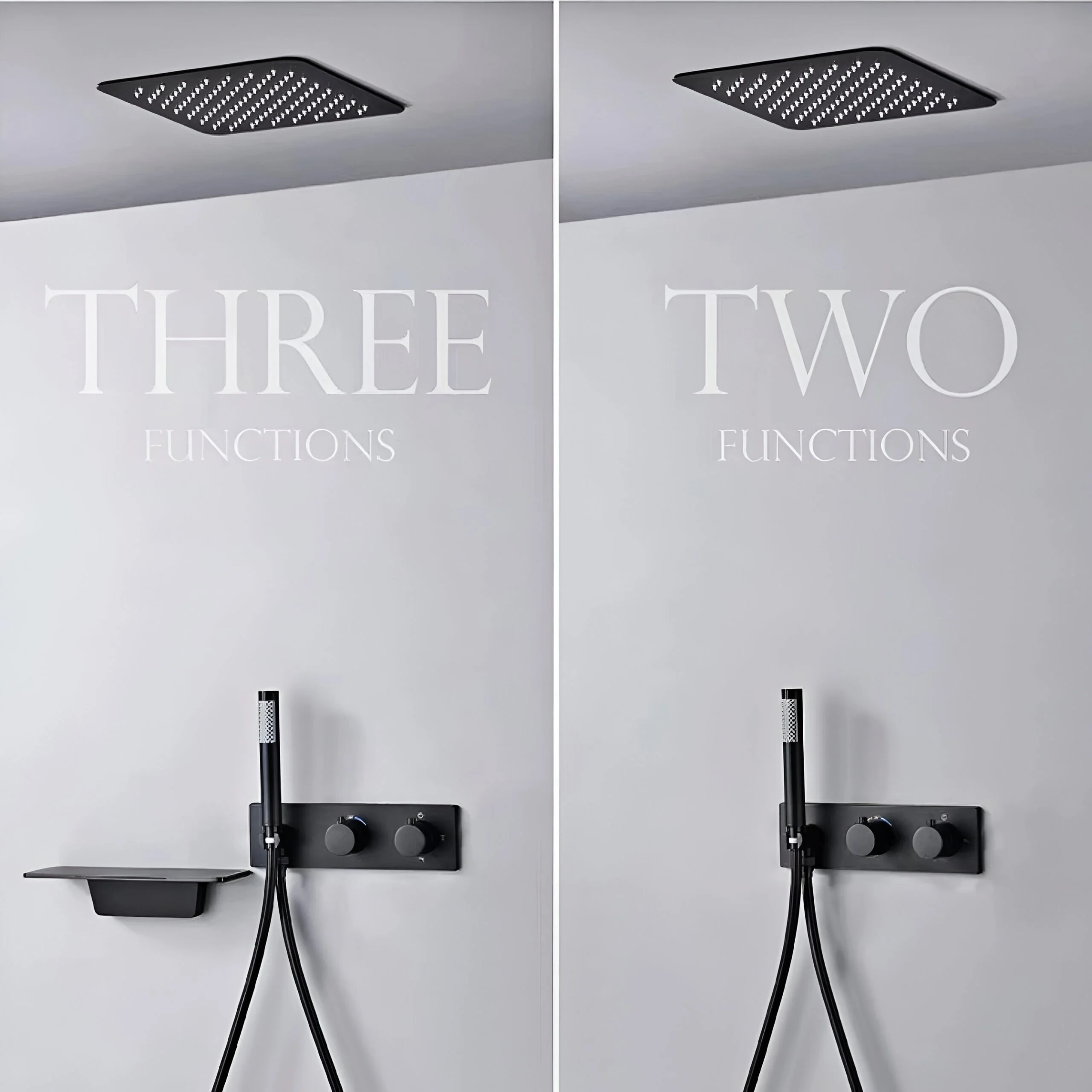 Wall-Mounted Black Brass Shower System with Thermostatic 2-Control Waterfall Tap