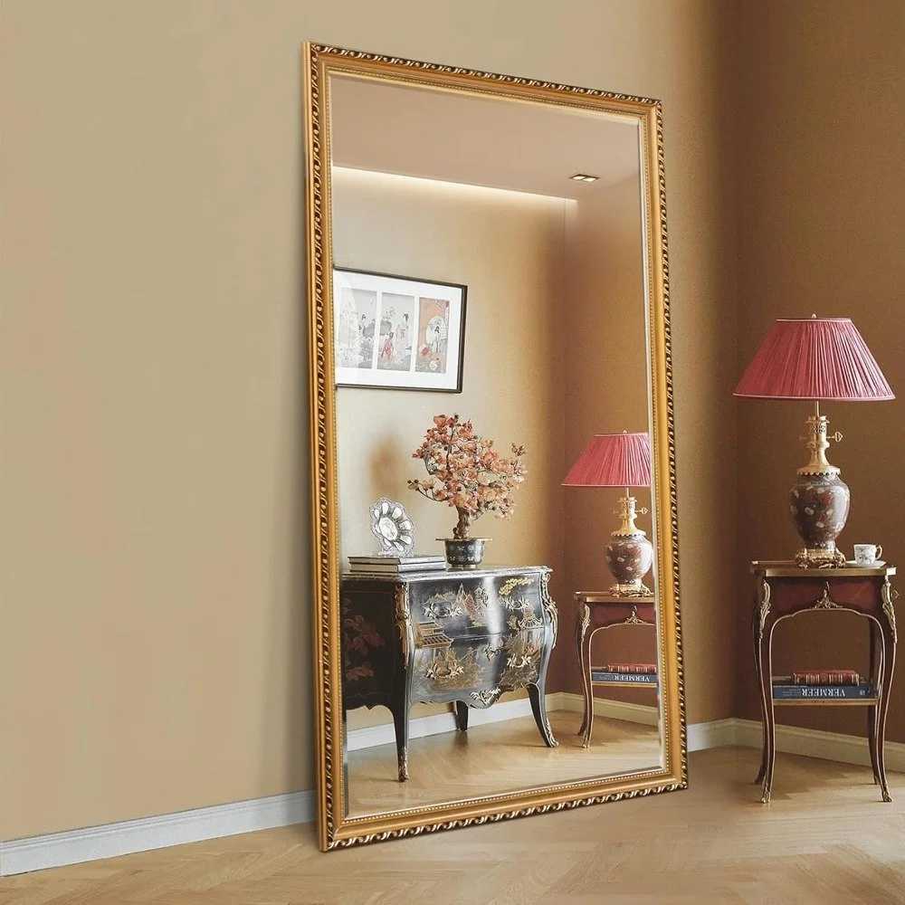 Gold Full Length Mirror with Solid Wood Frame and Standing Holder