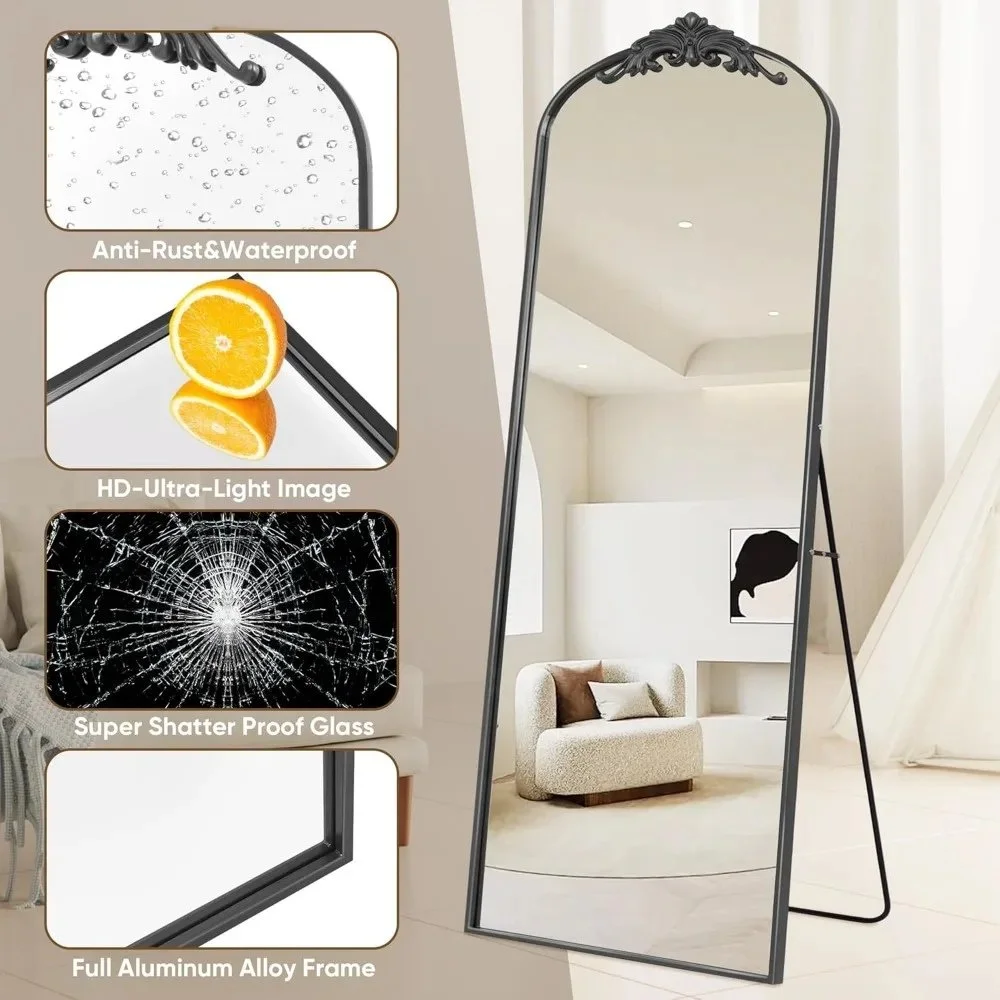 Arched Full Length 64"x21" Freestanding Floor Mirror with Carved Metal Frame