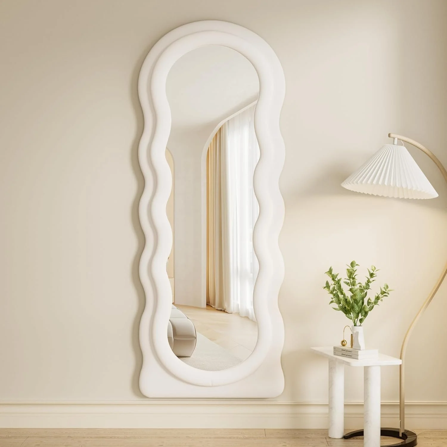 Arched Top Full Body Mirror with Lights and Wavy Flannel Frame