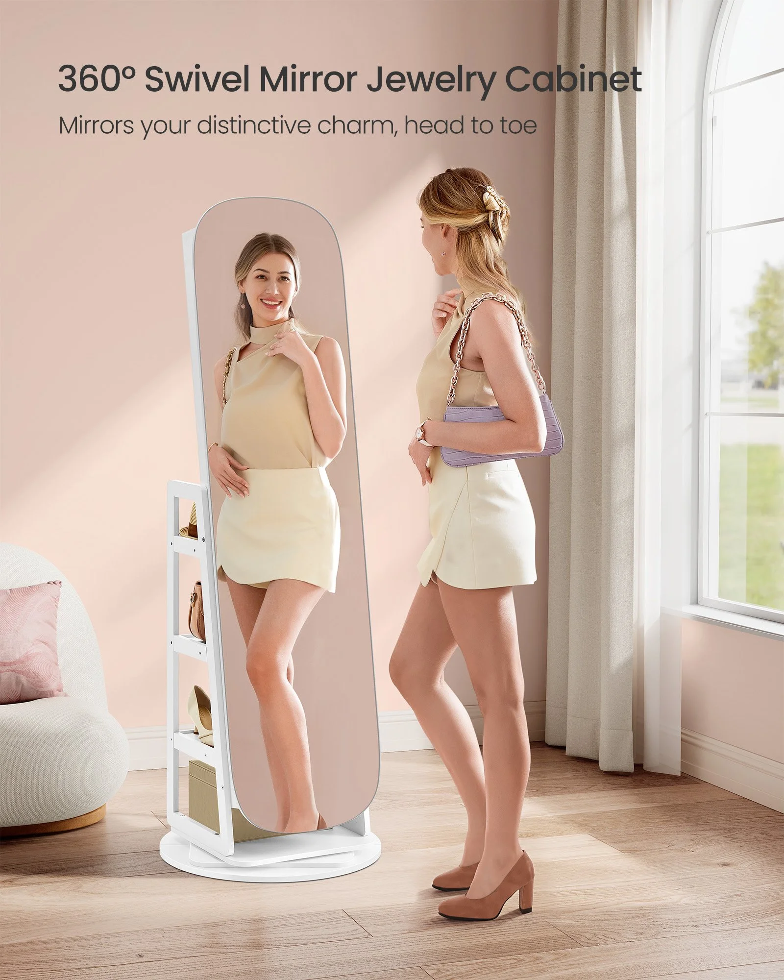 Lockable 360° Swivel Mirror Jewelry Cabinet with LED Lights