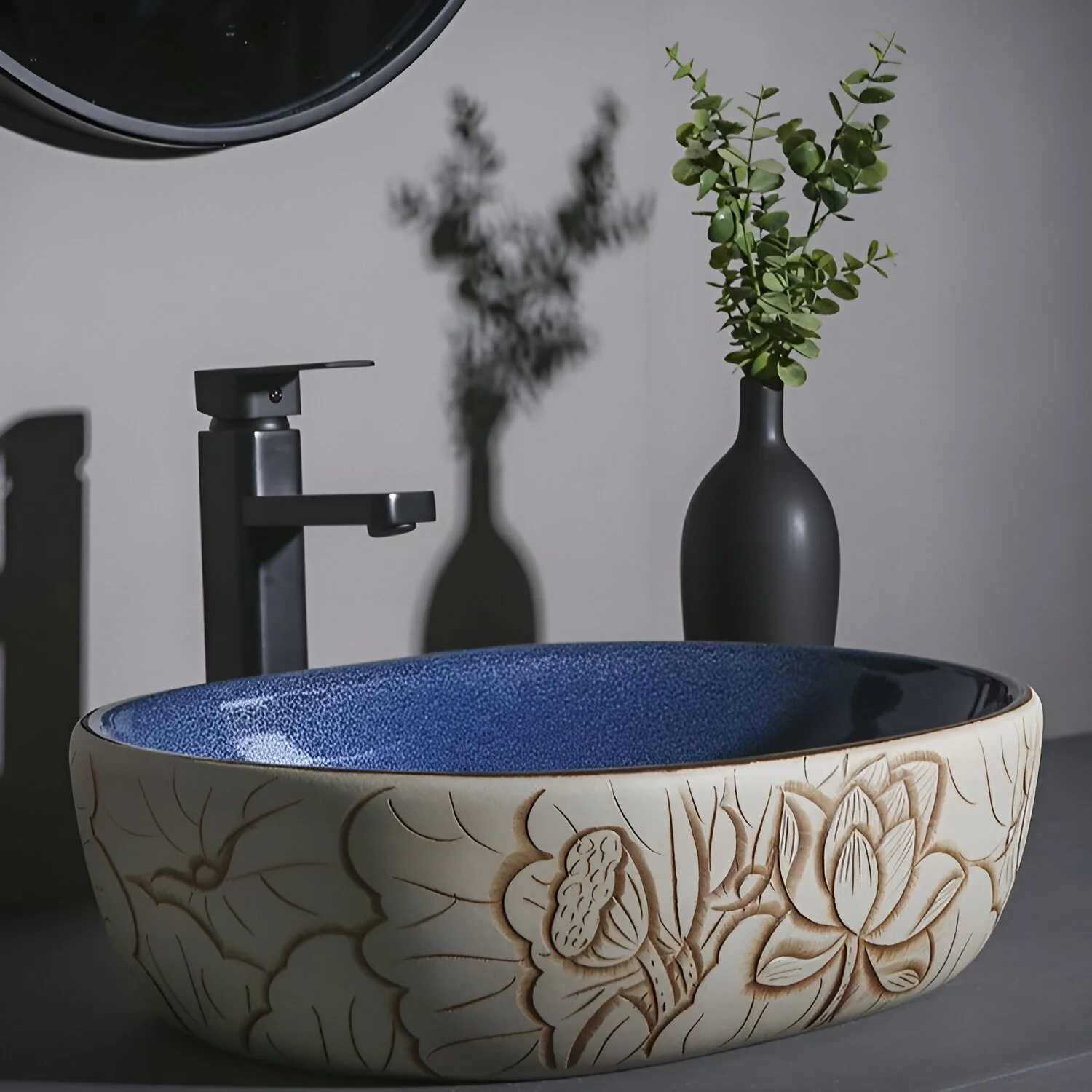 Ceramic Lotus Flower Pattern Countertop Vessel Sink for Bathroom or Balcony