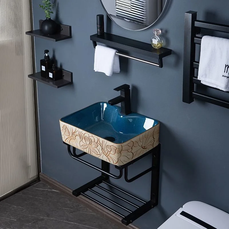 Ceramic Lotus Pattern Wall-Mounted Sink with Stainless Steel Stand