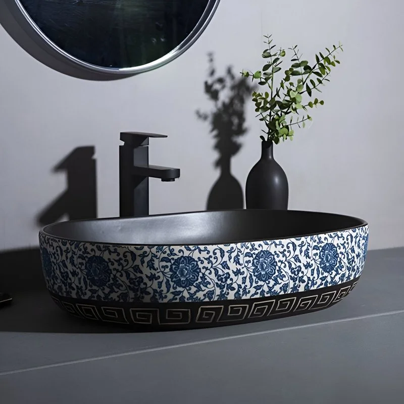 Elegant Blue Floral Ceramic Vessel Sink for Bathroom and Countertop