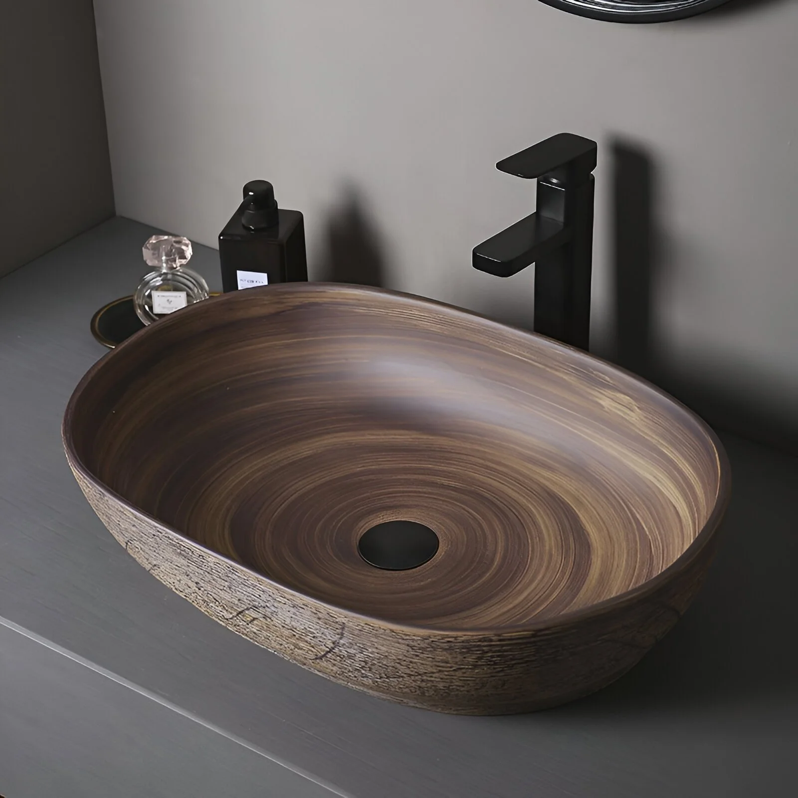 Brown Ceramic Oval Vessel Sink - Above Counter Bathroom Vanity Basin