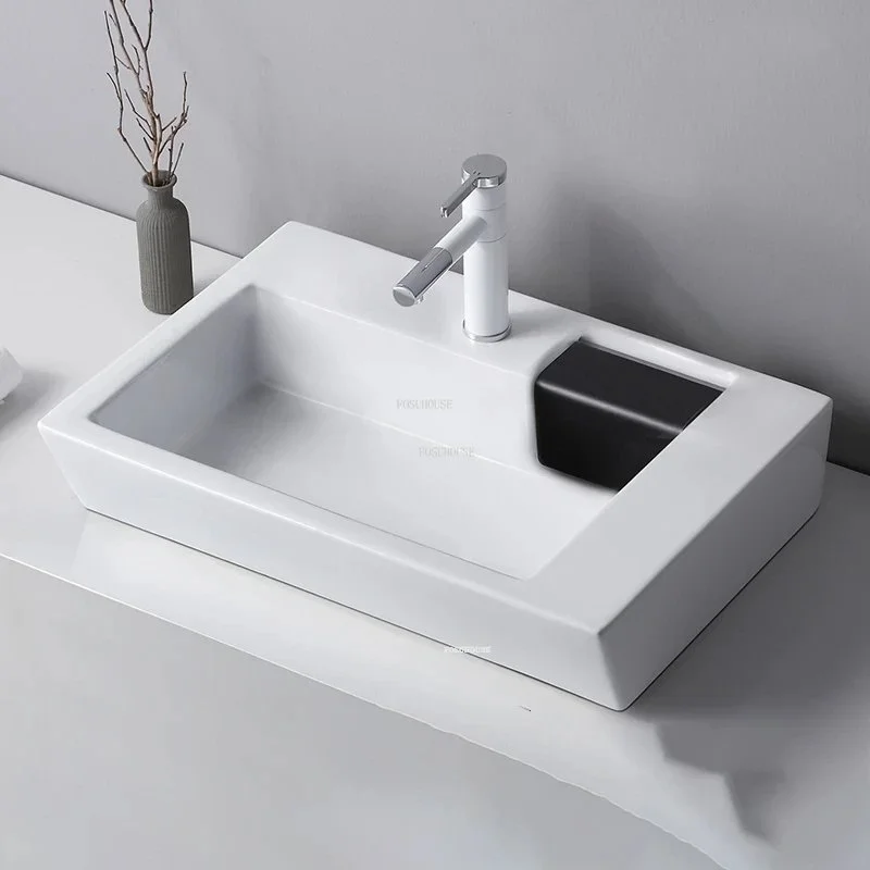 Rectangular Ceramic Countertop Bathroom Sink with Side Drain