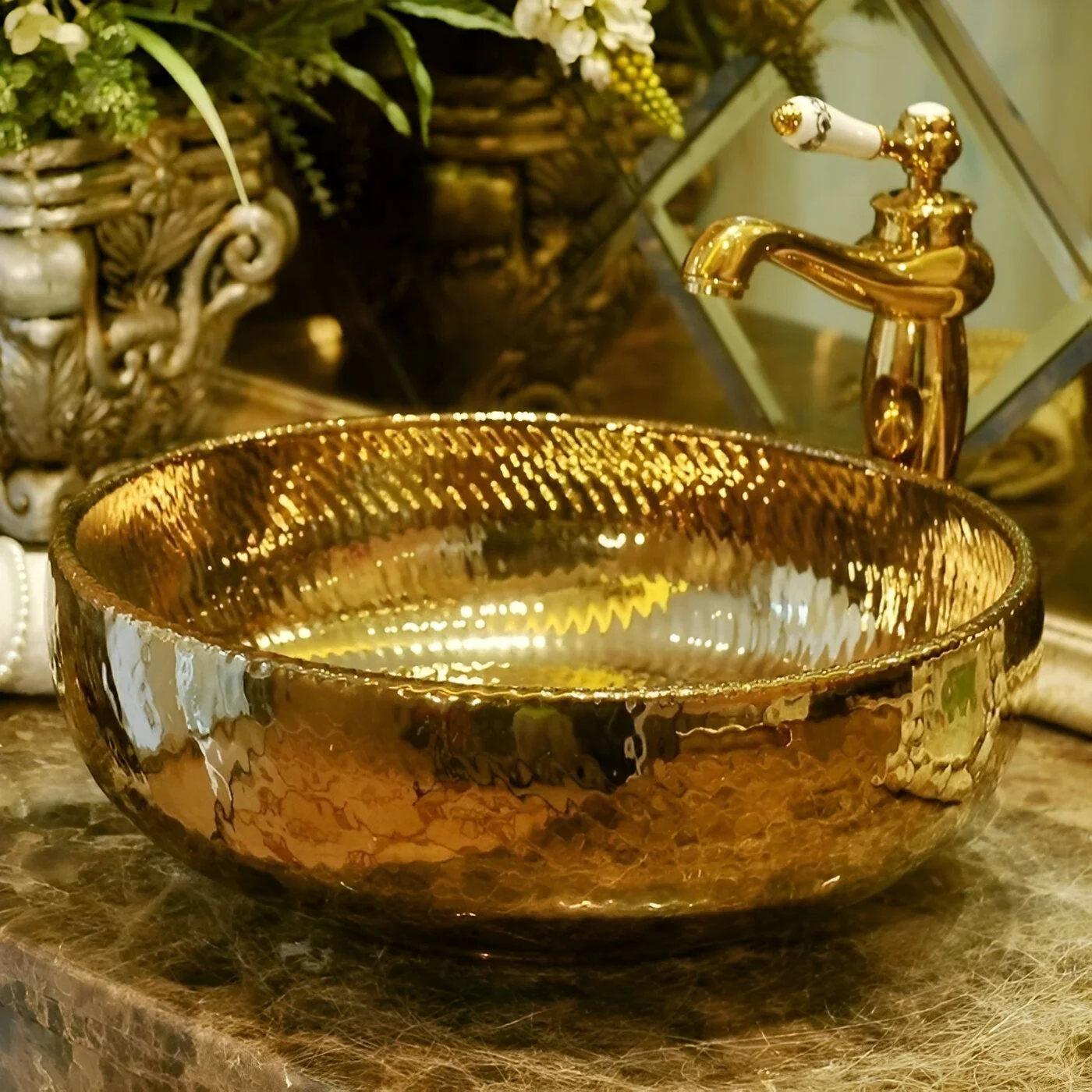 Golden Ceramic Round Bathroom Sink