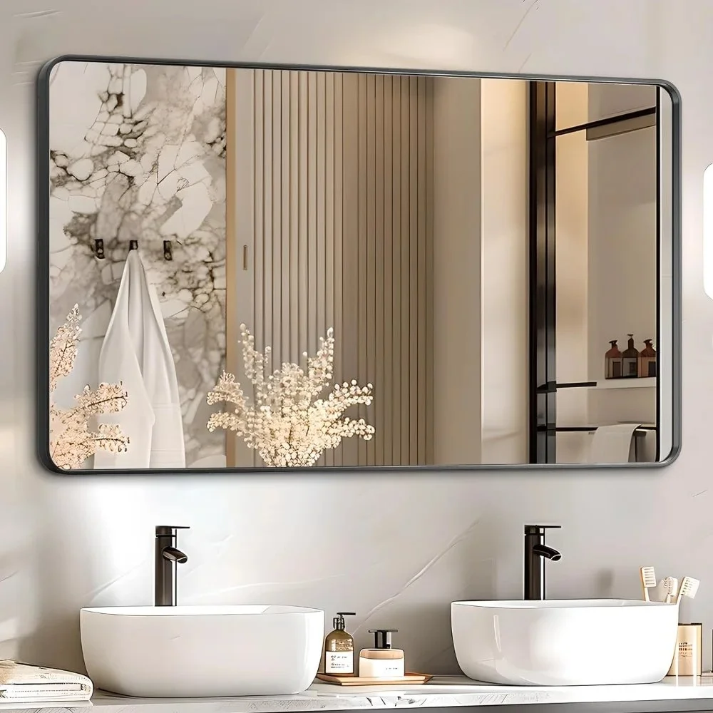 48x30 Inch Black Metal Bathroom Mirror