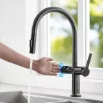 Gun Gray Brass Kitchen Faucet with Digital Display and Retractable Spout