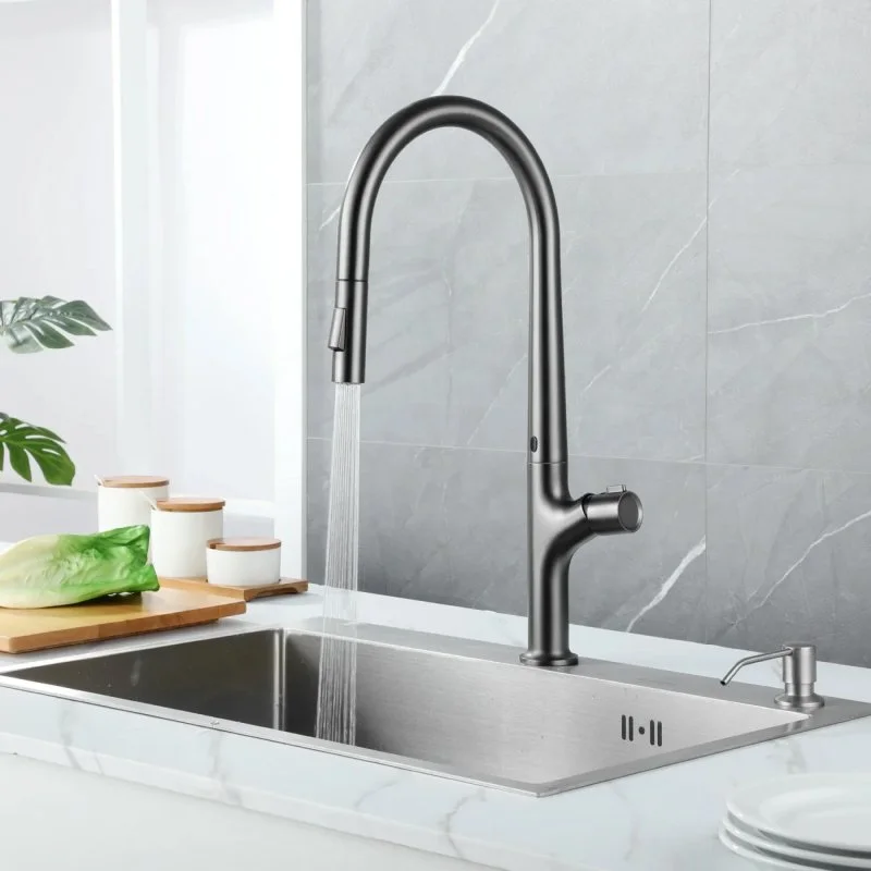 Gun Gray Brass Kitchen Faucet with Dual Control and Induction Design